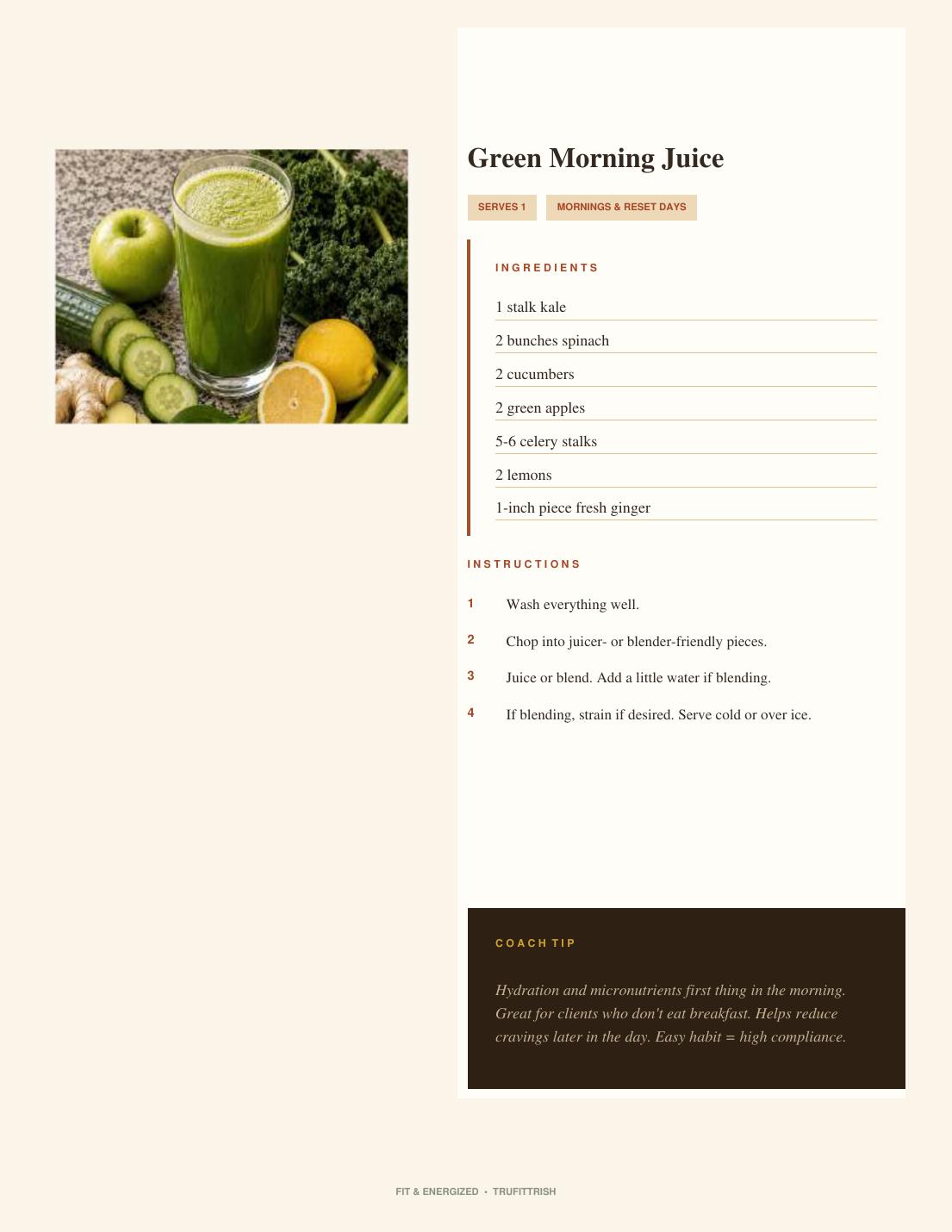 Smoothie recipe page with photo, ingredient list and preparation steps