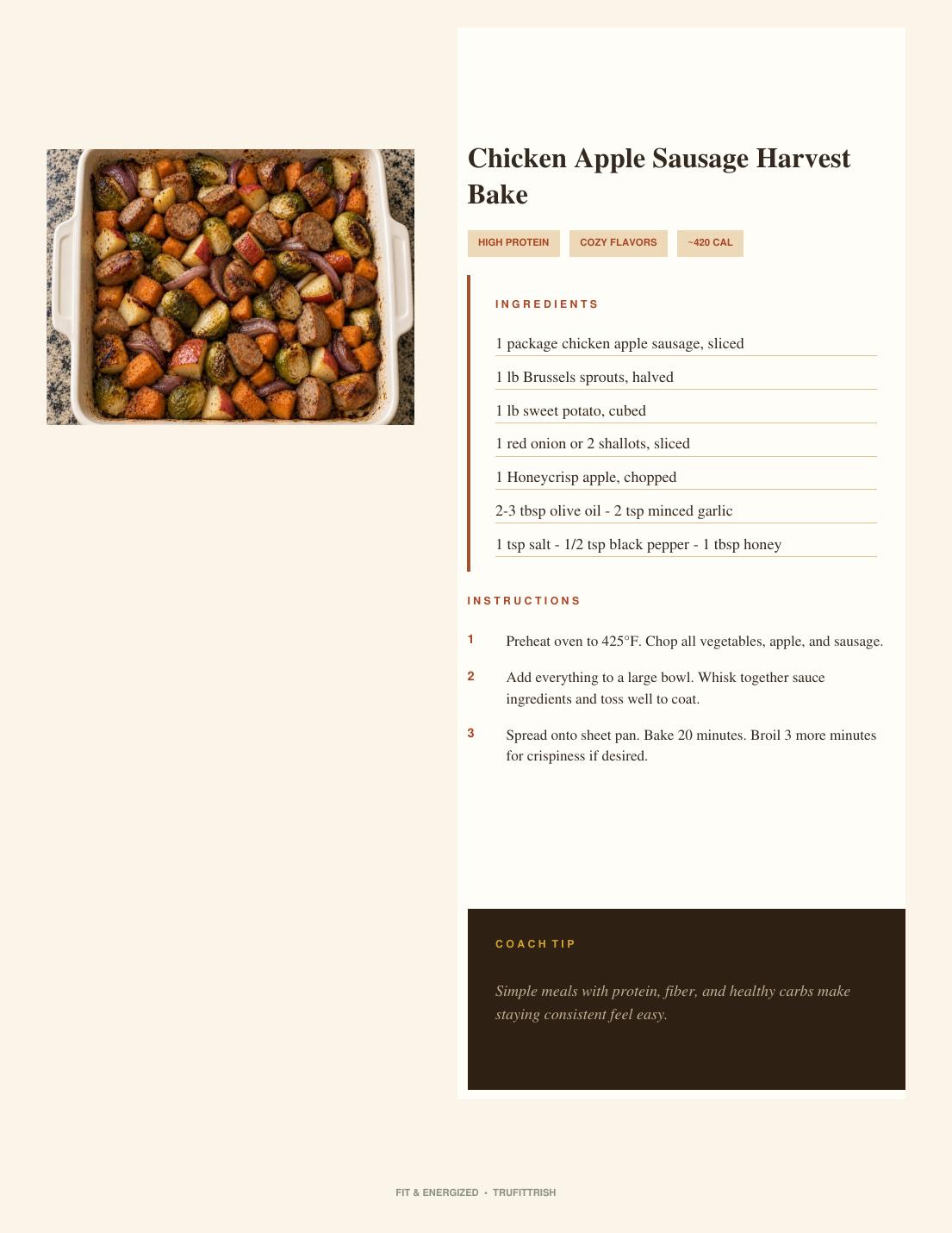 Dinner recipe page with photo, ingredient list, numbered instructions and a TruFitTrish Tip