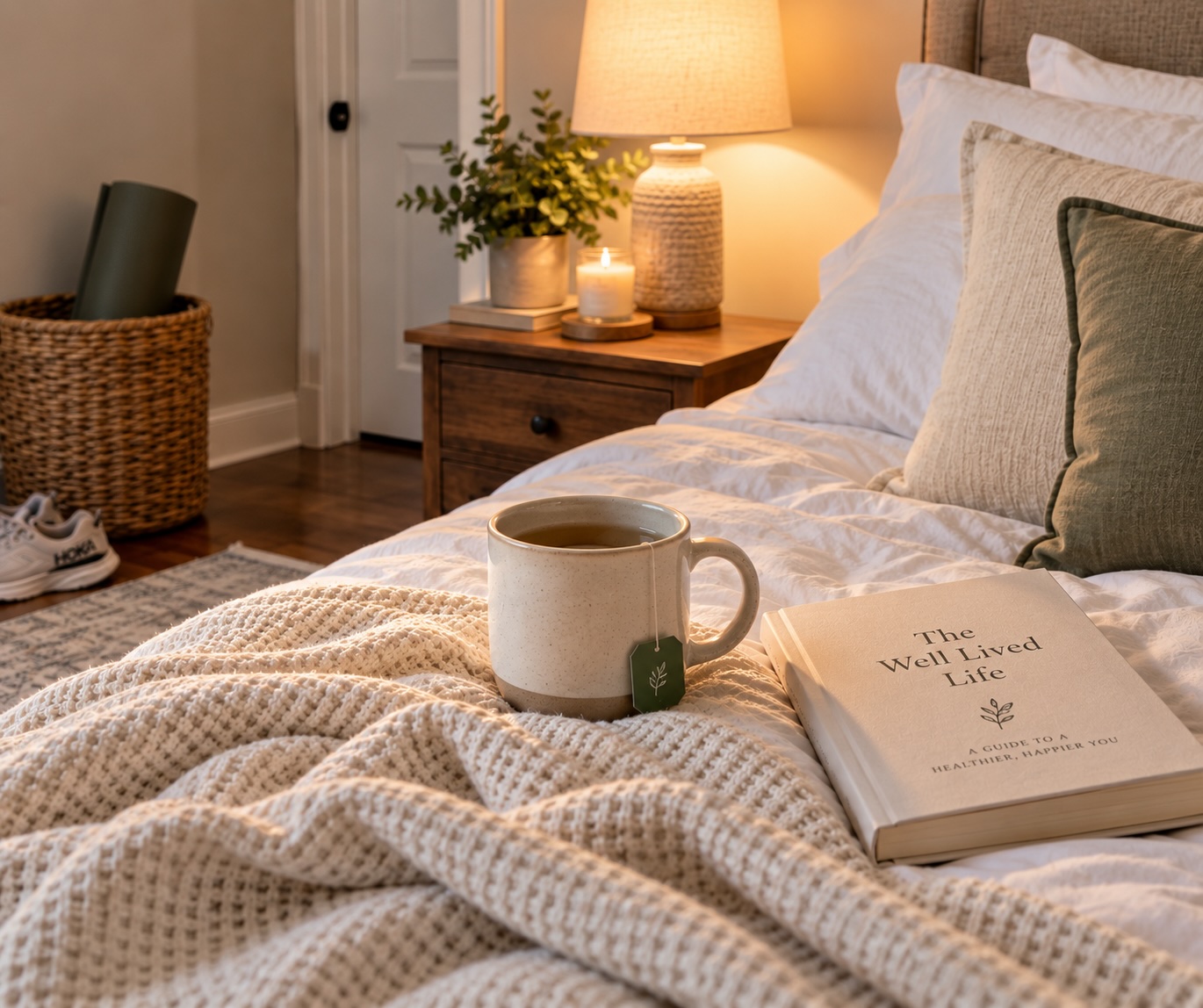 A cozy, restful bedroom scene with tea, a book, and a warm lamp