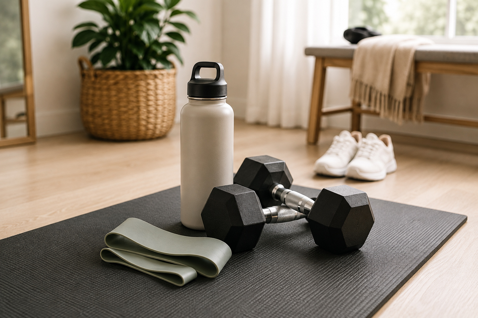 Dumbbells, resistance band, and water bottle on a workout mat at home