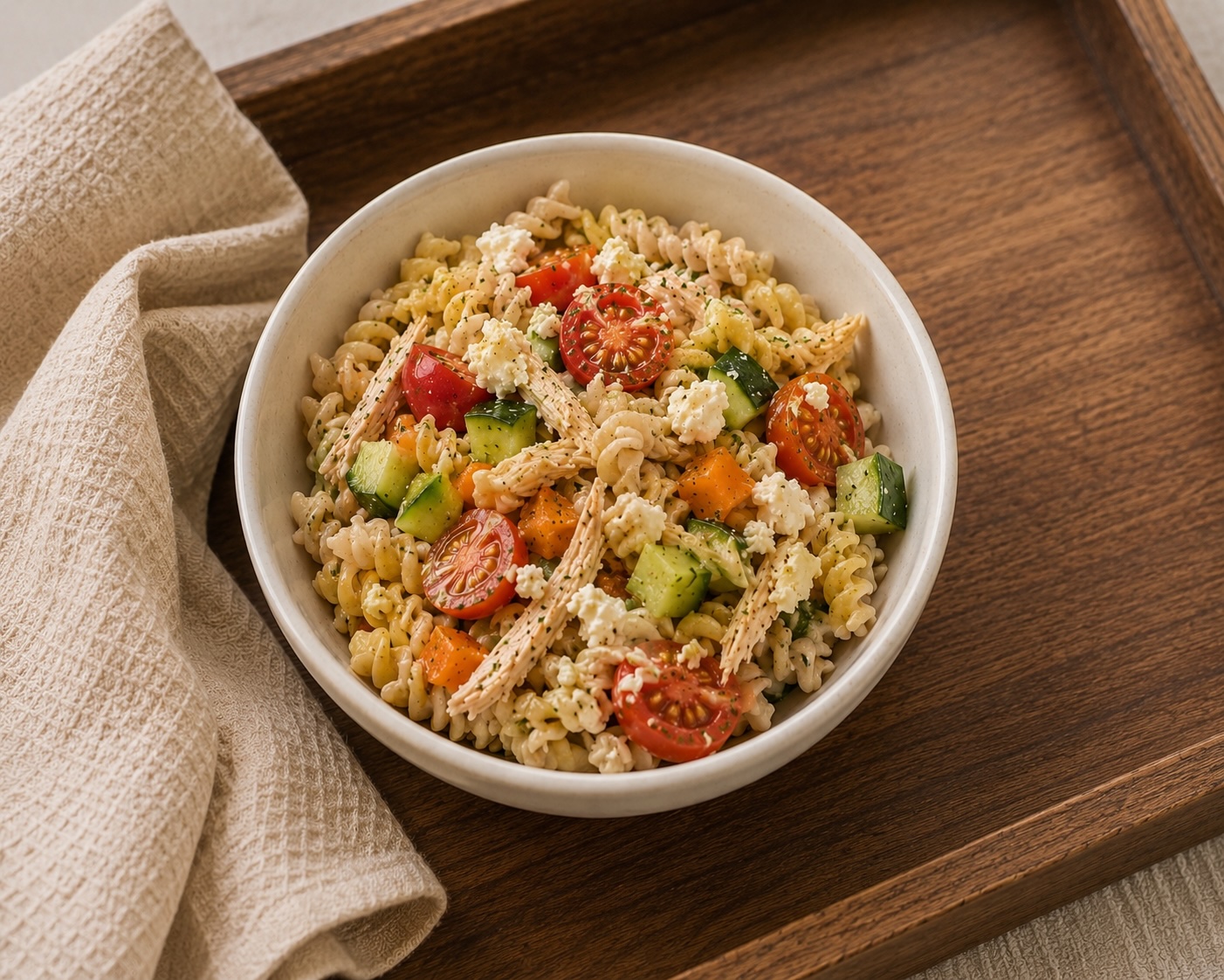 Healthy Greek protein pasta salad