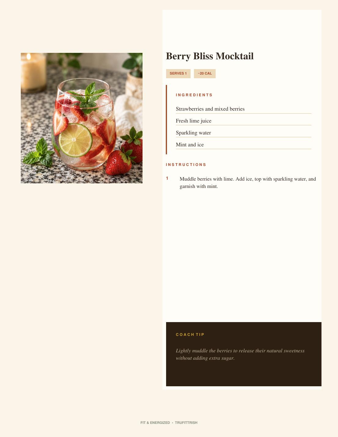 Mocktail recipe page with photo, ingredient list and preparation steps