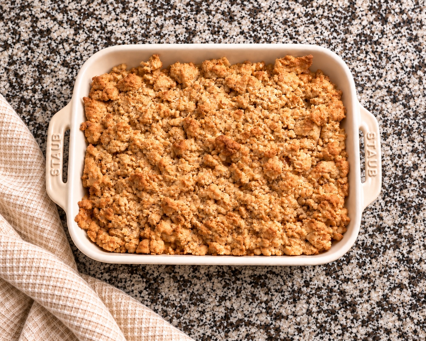 Apple crumble in a baking dish