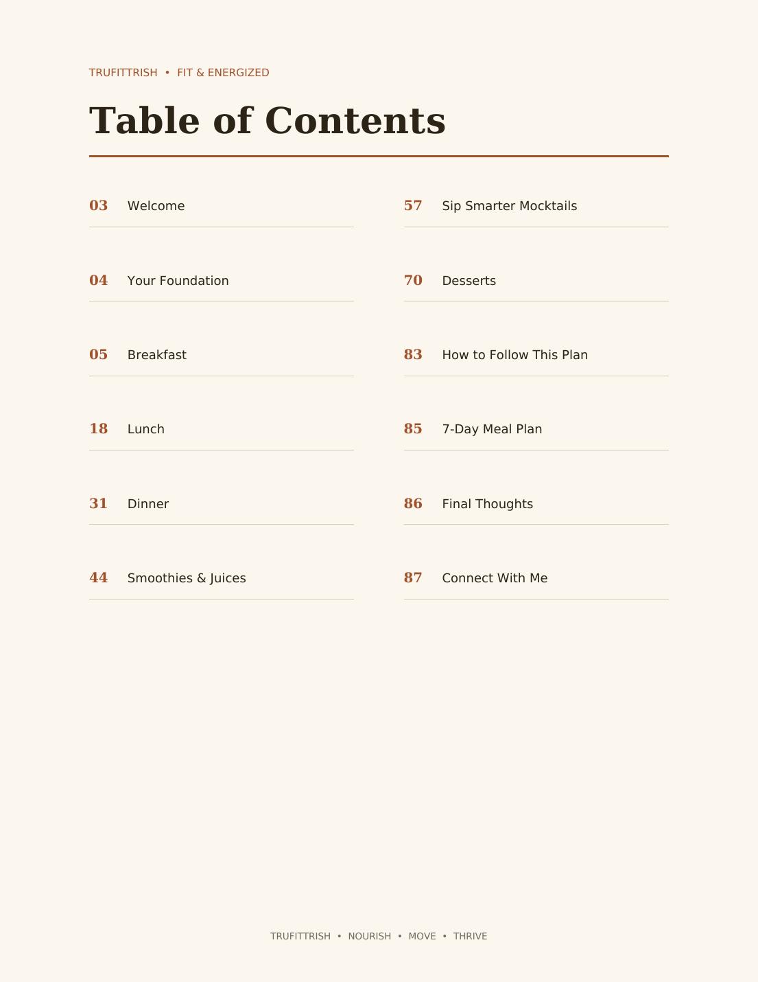 Table of contents page listing welcome, foundation, breakfast, lunch, dinner, smoothies and juices, mocktails, desserts and meal plan sections