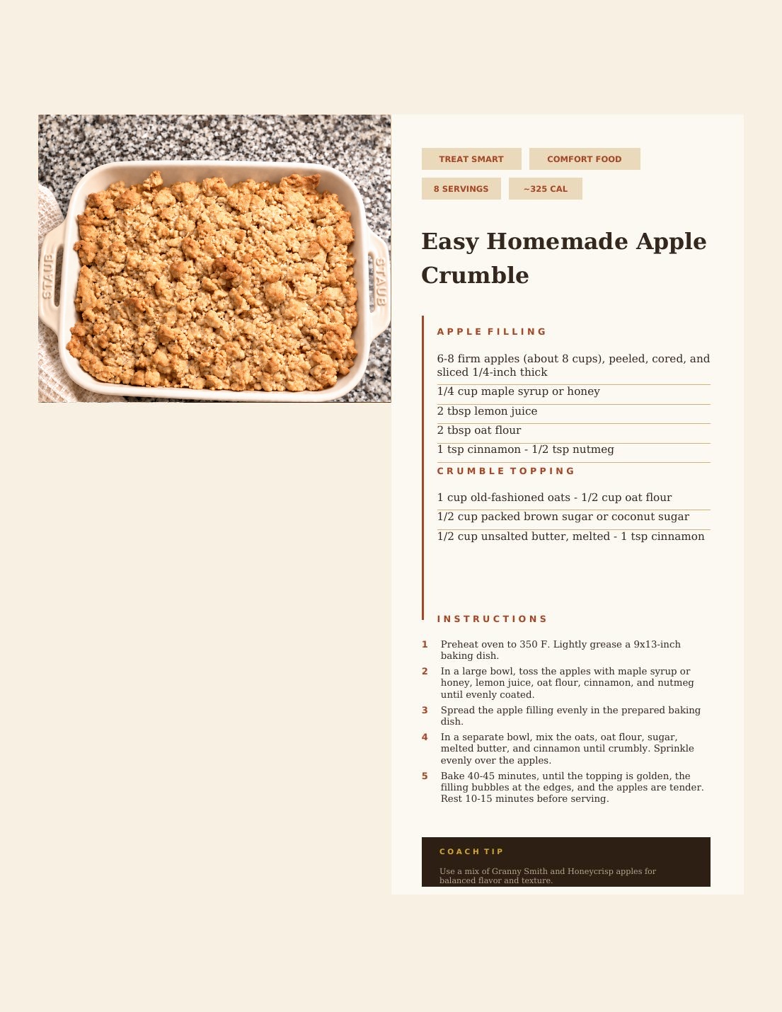 Dessert recipe page with photo, ingredient list, instructions and a TruFitTrish Tip