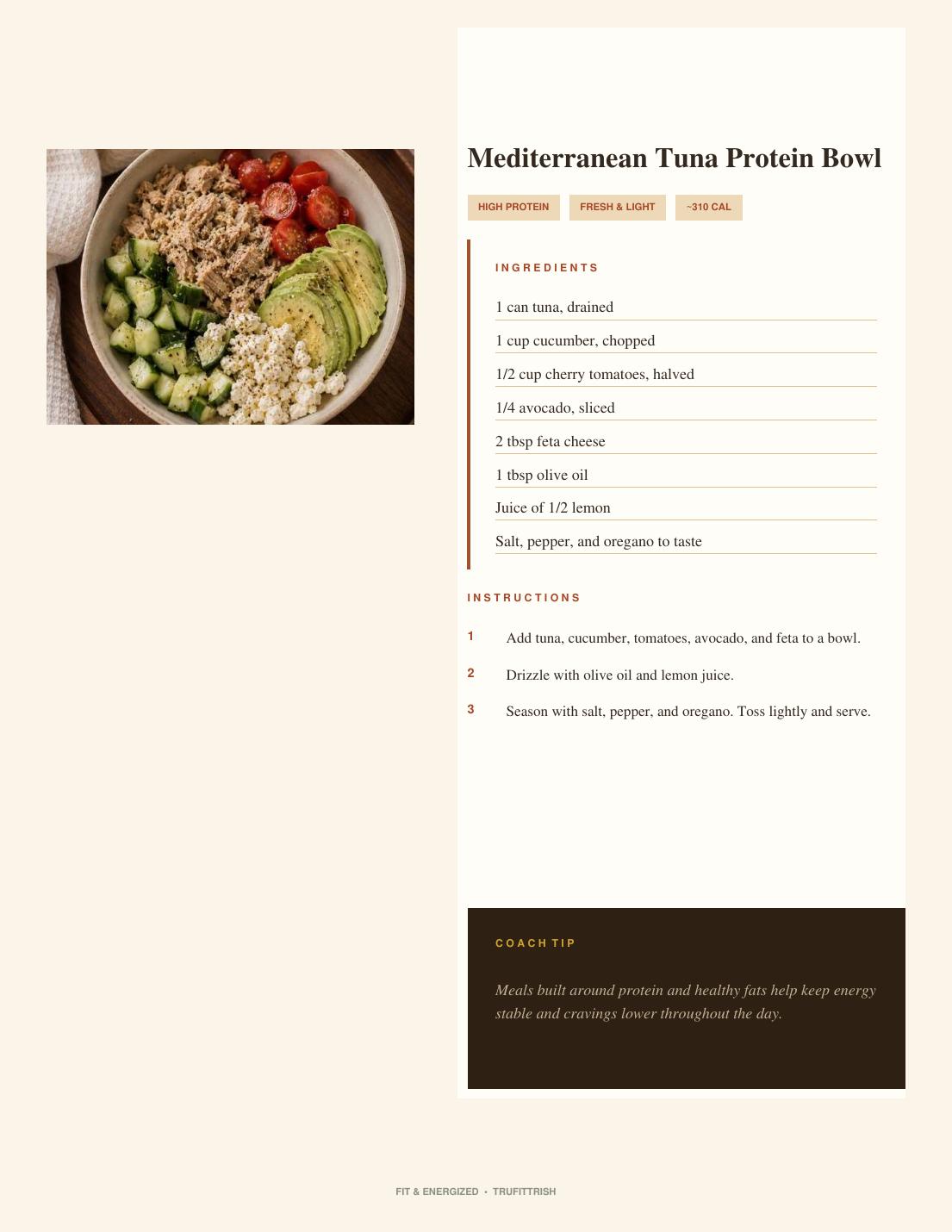 Lunch recipe page with photo, ingredient list, numbered instructions and a TruFitTrish Tip