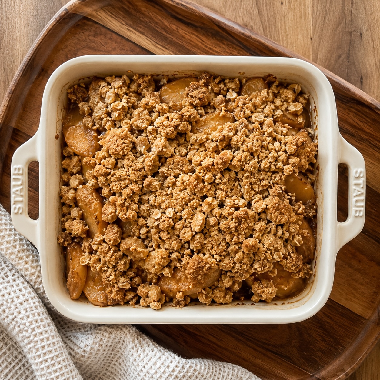 Apple crumble in a baking dish
