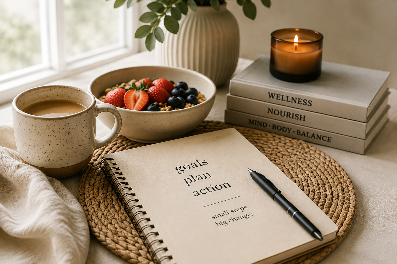 Goals journal, coffee, and wellness books for planning