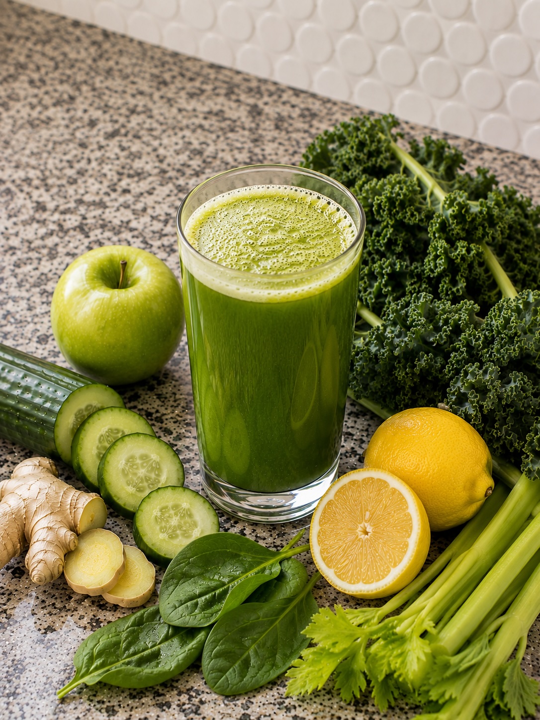 Fresh green juice with kale, apple, cucumber and lemon