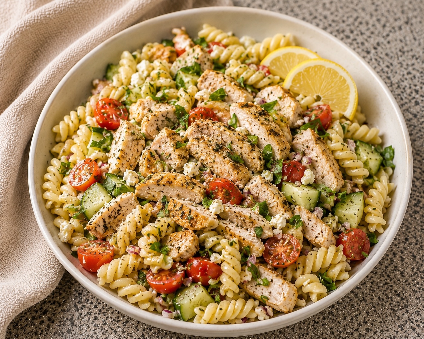 Lemon herb chicken pasta salad